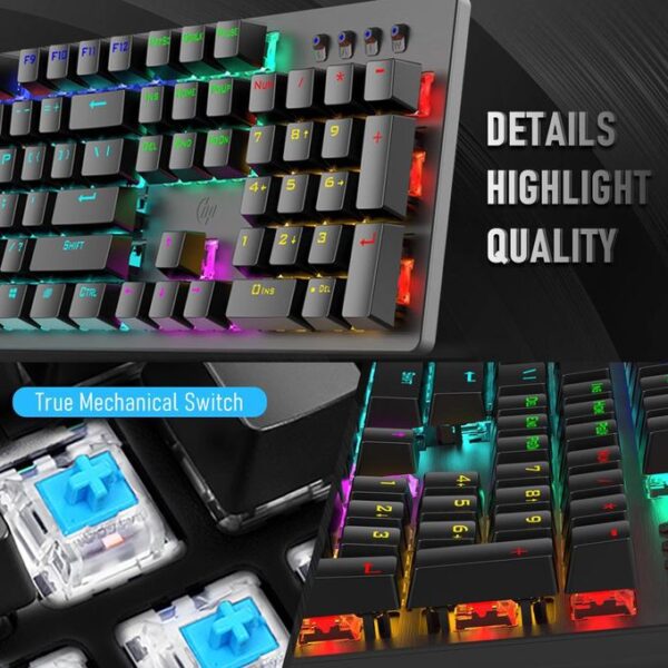 ⁦HP GK100F Gaming Mechanical Keyboard – لوحة مفاتيح ميكانيكية للألعاب، مزودة بإضاءة قوس قزح (Rainbow Backlight) مع 9 أوضاع إضاءة، ومفاتيح Blue Switch، وتصميم EN 104 Keys، مع دعم Full Key N-Rollover لضمان استجابة كاملة لكل ضغطة مفتاح⁩ - الصورة ⁦8⁩