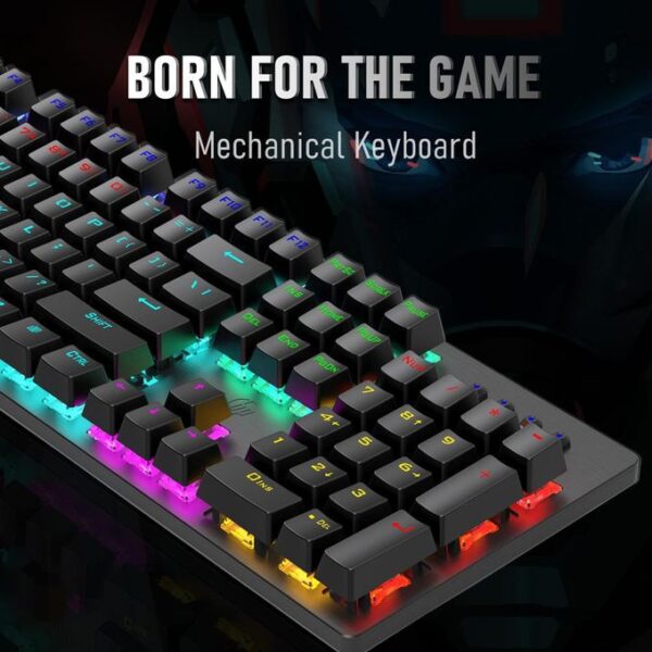 ⁦HP GK100F Gaming Mechanical Keyboard – لوحة مفاتيح ميكانيكية للألعاب، مزودة بإضاءة قوس قزح (Rainbow Backlight) مع 9 أوضاع إضاءة، ومفاتيح Blue Switch، وتصميم EN 104 Keys، مع دعم Full Key N-Rollover لضمان استجابة كاملة لكل ضغطة مفتاح⁩ - الصورة ⁦5⁩