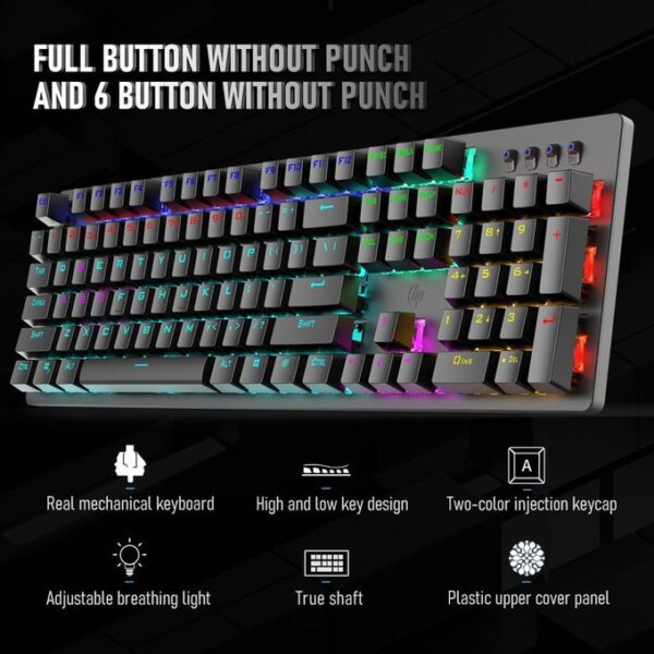 ⁦HP GK100F Gaming Mechanical Keyboard – لوحة مفاتيح ميكانيكية للألعاب، مزودة بإضاءة قوس قزح (Rainbow Backlight) مع 9 أوضاع إضاءة، ومفاتيح Blue Switch، وتصميم EN 104 Keys، مع دعم Full Key N-Rollover لضمان استجابة كاملة لكل ضغطة مفتاح⁩ - الصورة ⁦3⁩