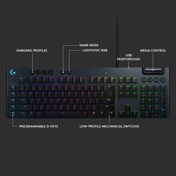 ⁦لوجيتك G815 LIGHTSYNC RGB لوحة مفاتيح ميكانيكية للألعاب – مزودة بمفاتيح ميكانيكية منخفضة الارتفاع GL Clicky، و5 مفاتيح G قابلة للبرمجة، ومنفذ USB Passthrough، مع أزرار تحكم مخصصة للوسائط، باللون الأسود⁩ - الصورة ⁦7⁩