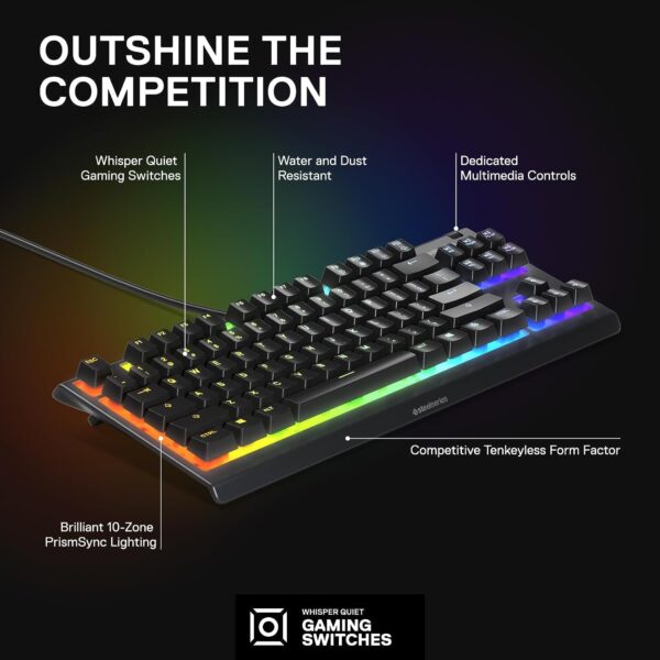 ⁦ستيل سيريس Apex 3 TKL RGB لوحة مفاتيح ألعاب مدمجة بدون مفاتيح رقمية (Tenkeyless)، تتميز بـ إضاءة RGB بـ 8 مناطق، وتصميم مقاوم للماء والغبار بمعيار IP32. مزودة بمفاتيح هادئة للغاية وتقنية Anti-Ghosting بمستوى احترافي للألعاب، باللون الأسود⁩ - الصورة ⁦3⁩