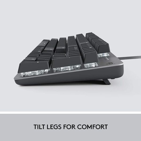 ⁦لوجيتك K845 Mechanical Illuminated Keyboard – لوحة مفاتيح ميكانيكية بإضاءة خلفية، مزودة بمفاتيح TTC Red، وأرجل قابلة للتعديل لتوفير ميلان قوي، تصميم كامل الحجم مع هيكل علوي من الألمنيوم، تحتوي على 104 مفتاحًا، اتصال سلكي عبر USB، ومتوافقة مع Windows⁩ - الصورة ⁦4⁩