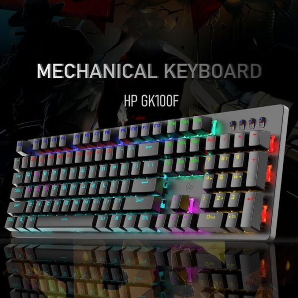 ⁦HP GK100F Gaming Mechanical Keyboard – لوحة مفاتيح ميكانيكية للألعاب، مزودة بإضاءة قوس قزح (Rainbow Backlight) مع 9 أوضاع إضاءة، ومفاتيح Blue Switch، وتصميم EN 104 Keys، مع دعم Full Key N-Rollover لضمان استجابة كاملة لكل ضغطة مفتاح⁩ - الصورة ⁦2⁩