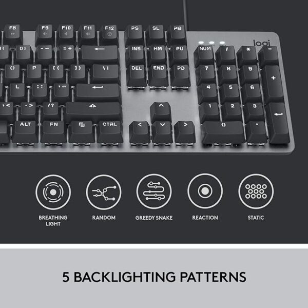 ⁦لوجيتك K845 Mechanical Illuminated Keyboard – لوحة مفاتيح ميكانيكية بإضاءة خلفية، مزودة بمفاتيح TTC Red، وأرجل قابلة للتعديل لتوفير ميلان قوي، تصميم كامل الحجم مع هيكل علوي من الألمنيوم، تحتوي على 104 مفتاحًا، اتصال سلكي عبر USB، ومتوافقة مع Windows⁩ - الصورة ⁦6⁩