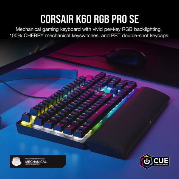 ⁦كورسير K60 RGB PRO SE لوحة مفاتيح ميكانيكية للألعاب – مزودة بمفاتيح CHERRY MV الميكانيكية بنسبة 100%، مع إضاءة RGB قابلة للتخصيص، باللون الأسود.⁩ - الصورة ⁦2⁩