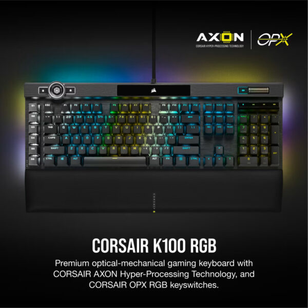 ⁦كورسير K100 RGB لوحة مفاتيح ميكانيكية-بصرية للألعاب – مزودة بمفاتيح CORSAIR OPX، باللون الأسود، مع إضاءة RGB قابلة للتخصيص⁩ - الصورة ⁦2⁩