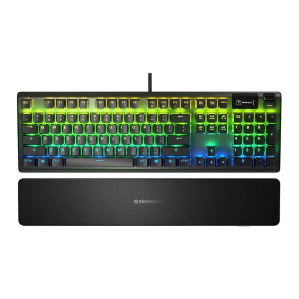 ستيل سيريس Apex 5 Hybrid Mechanical Gaming Keyboard – لوحة مفاتيح ميكانيكية هجينة للألعاب، مزودة بإضاءة RGB لكل مفتاح، وهيكل مصنوع من سبائك الألمنيوم بدرجة طائرات، وشاشة OLED Smart Display، مع مفاتيح Hybrid Blue Switch