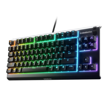 ستيل سيريس Apex 3 TKL RGB لوحة مفاتيح ألعاب مدمجة بدون مفاتيح رقمية (Tenkeyless)، تتميز بـ إضاءة RGB بـ 8 مناطق، وتصميم مقاوم للماء والغبار بمعيار IP32. مزودة بمفاتيح هادئة للغاية وتقنية Anti-Ghosting بمستوى احترافي للألعاب، باللون الأسود