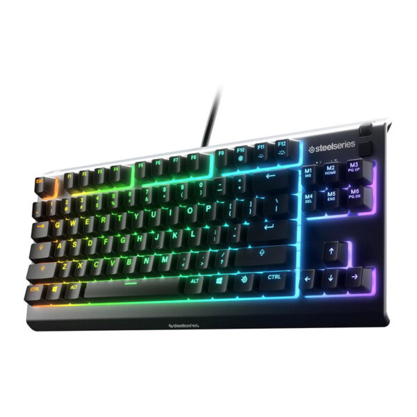 ستيل سيريس Apex 3 TKL RGB لوحة مفاتيح ألعاب مدمجة بدون مفاتيح رقمية (Tenkeyless)، تتميز بـ إضاءة RGB بـ 8 مناطق، وتصميم مقاوم للماء والغبار بمعيار IP32. مزودة بمفاتيح هادئة للغاية وتقنية Anti-Ghosting بمستوى احترافي للألعاب، باللون الأسود