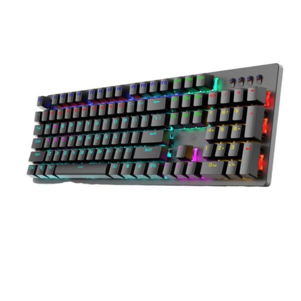 HP GK100F Gaming Mechanical Keyboard – لوحة مفاتيح ميكانيكية للألعاب، مزودة بإضاءة قوس قزح (Rainbow Backlight) مع 9 أوضاع إضاءة، ومفاتيح Blue Switch، وتصميم EN 104 Keys، مع دعم Full Key N-Rollover لضمان استجابة كاملة لكل ضغطة مفتاح