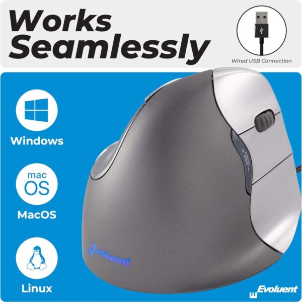 Evoluent Vertical Mouse 4 Right Hand Ergonomic Mouse Wired USB – Relieves Wrist Discomfort, Adjustable Speed, Programmable Buttons – Vertical Ergonomic Wired Mouse for Carpal Tunnel, Office Use - Image 4