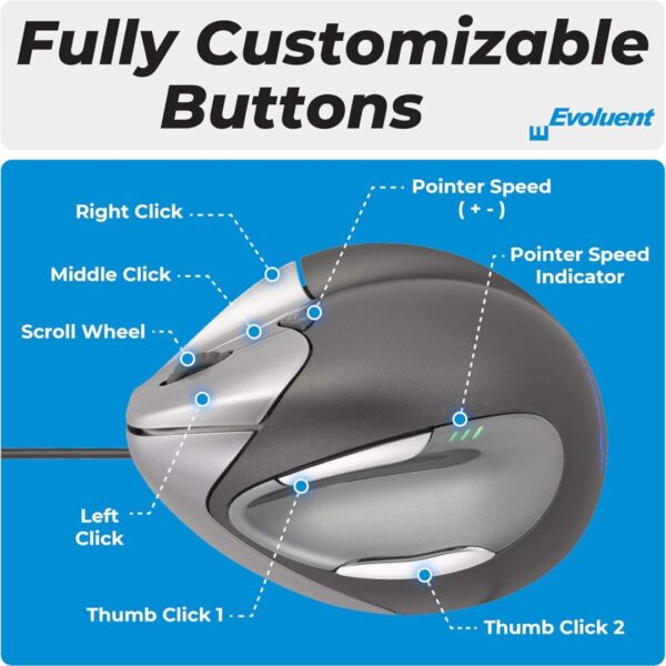 Evoluent Vertical Mouse 4 Right Hand Ergonomic Mouse Wired USB – Relieves Wrist Discomfort, Adjustable Speed, Programmable Buttons – Vertical Ergonomic Wired Mouse for Carpal Tunnel, Office Use - Image 5