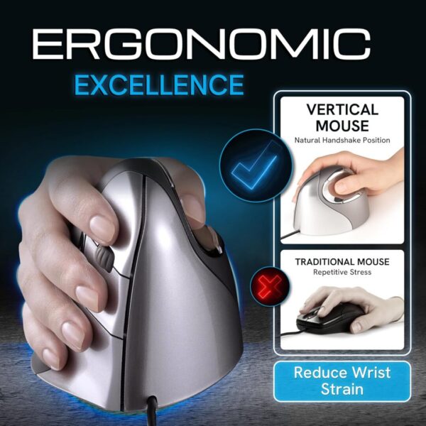 Evoluent Vertical Mouse 4 Right Hand Ergonomic Mouse Wired USB – Relieves Wrist Discomfort, Adjustable Speed, Programmable Buttons – Vertical Ergonomic Wired Mouse for Carpal Tunnel, Office Use - Image 8